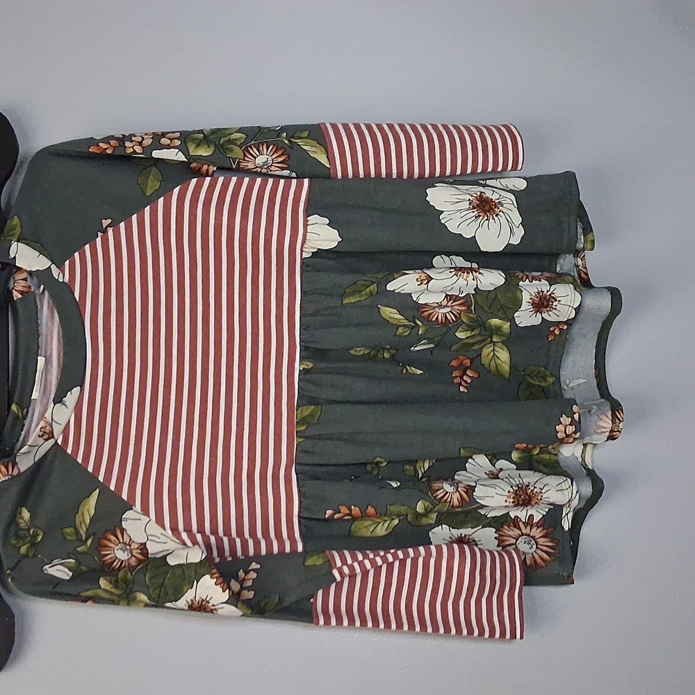 ODDY Floral Striped Peplum Baby Doll Style Long Sleeve Tee
